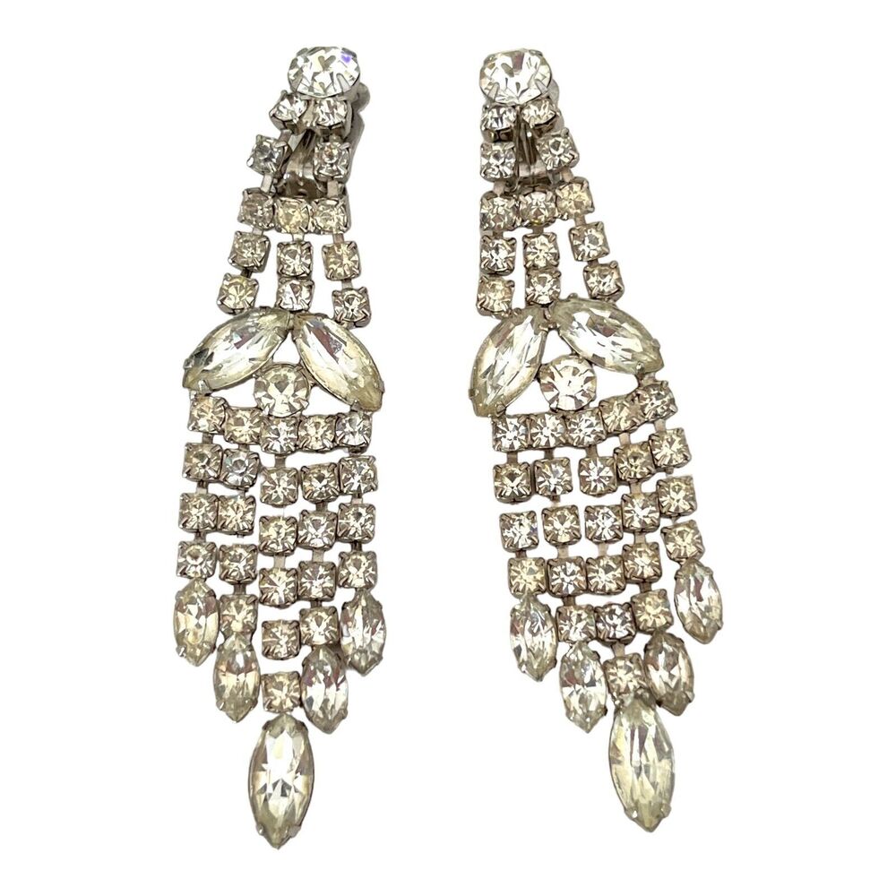 Vintage 1960s Rhinestone Earrings Cascade Clip Silver Tone Mid Century - 4J